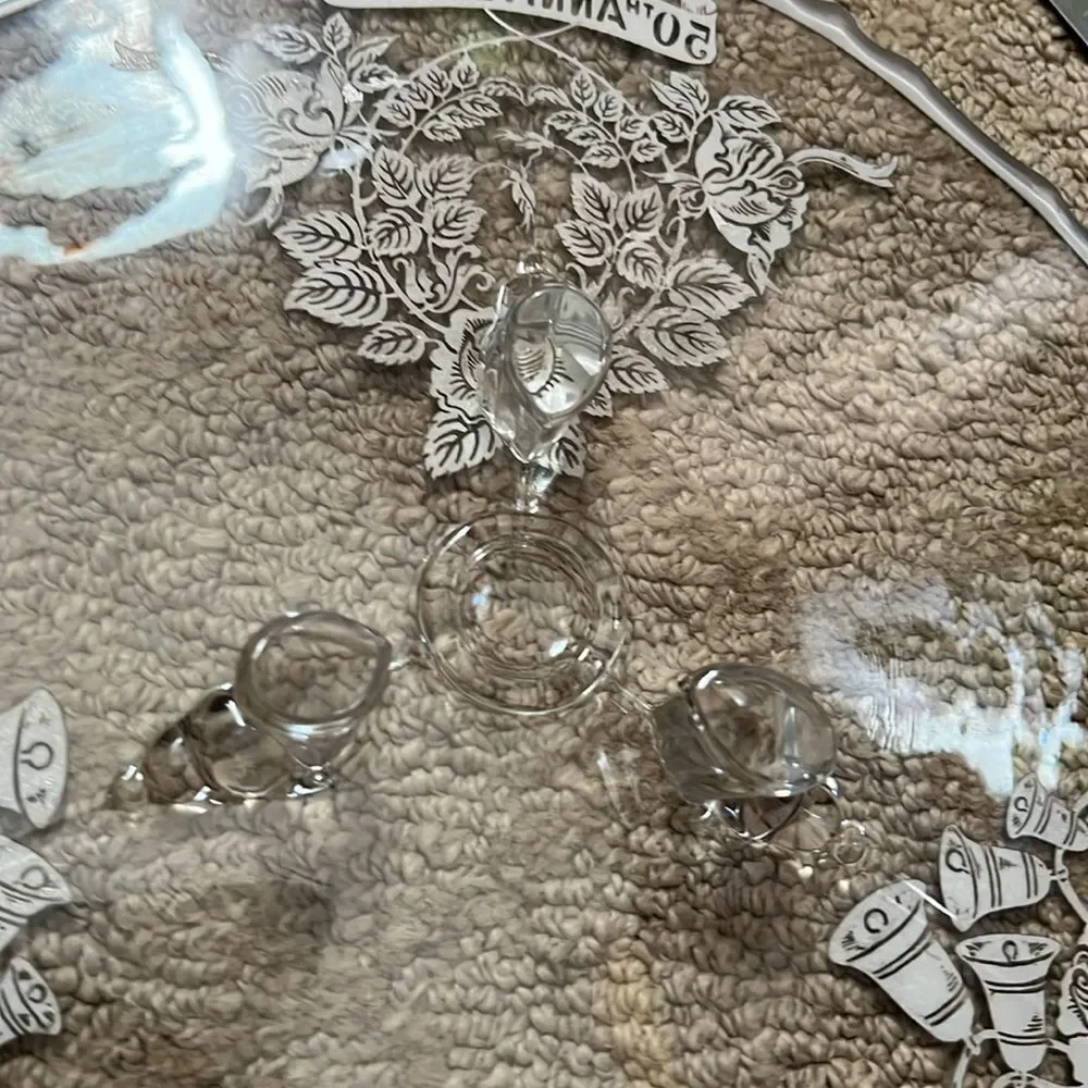 Vintage 50th Wedding Anniversary Glass Plate with Silver Detailing & Feet
